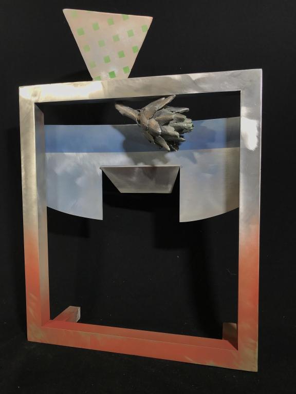 Signed Floor-Size Modern Metal Artichoke Sculpture: Signed Floor-Size Modern Metal Sculpture with artichoke. Signed illegibly along top, dated 1993. Metal is silver in tone and spray painted in tones of sunset orange, blue, peach, and green. Sculpture 