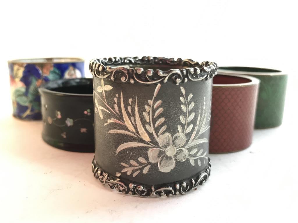 Lot 5 Vintage Assorted Napkin Rings: Lot includes 5 napkin rings. Includes 1 silver plated napkin ring 3 cloisonné napkin rings & 1 lacquered mother of pearl napkin ring. Largest ring measures approx 2 inches wide. napkin rings, tablewa