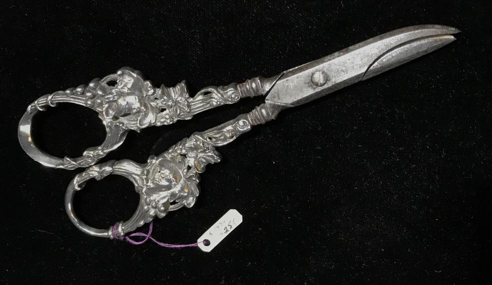 Antique Sterling Silver Grape Shears, c. 1880: Antique grape shears, scissors with sterling silver grape & leaf foliate pattern handles, c. 1880. Marked for sterling along with faded hallmark on interior of handle. Piece measures approx 6.2 inches