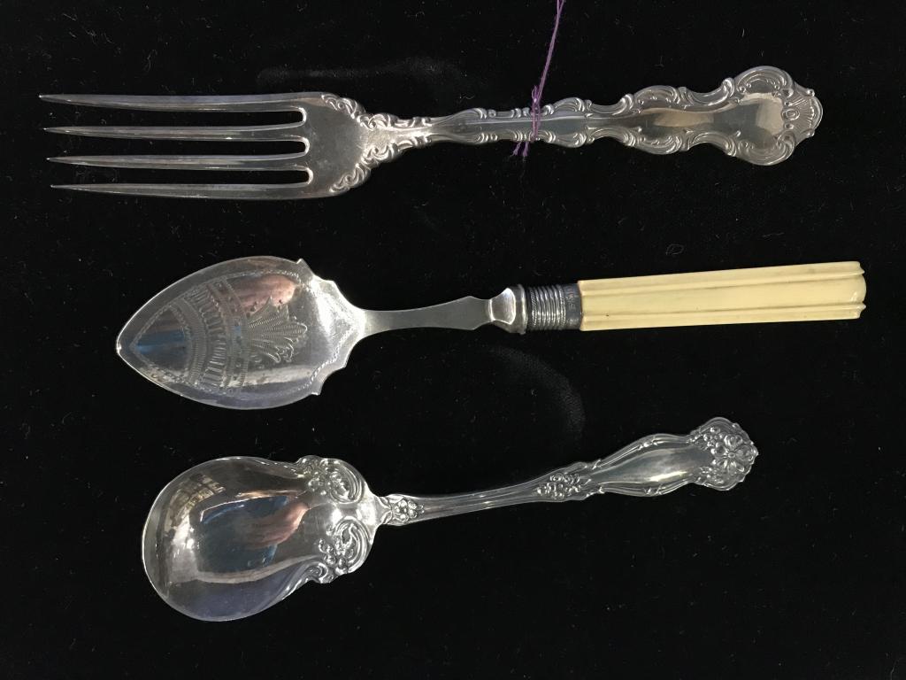 Lot 3 Mixed Vintage & Antique SilverPlate Flatware: Lot includes 1. Antique, c. 1880 English etched fruit spoon with bone handle. Faded Hallmarks for FW (poss Fuller White) include lion passant, possibly indicating sterling silver. 2. A floral embossed