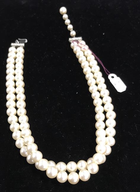 Double Strand Choker Pearl Necklace, c.1950: Round 5-6 mm Pearl Necklace. Hook clasp in back with accented rhinestone decor. Possibly cultured pearls. Approx 13.5 in. circumference around neck. Necklace, Pearl Necklace, pearl choker, C. 1950 jew