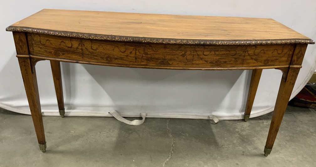 Antique inlaid Wood Console Table Sideboard: Antique side table, hall table, side board, inlay, veneer, marquetry, diamond design at corners, swags at apron, center Tureen design, edges trimmed with carved moldings, brass balls at feet base, dec