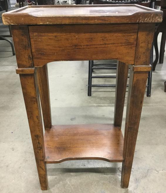 Vintage Wooden Side Table: Side table is wooden & vintage. Contains 1 drawer. Measures approx 26 inches tall 16 inches wide 11 inches deep. Piece contains evident scratches and wear. 6 side table, end table, home accent and acc