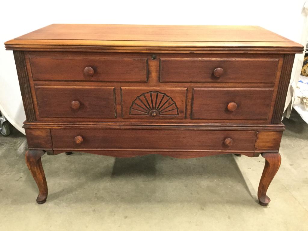 Antique WEST BRANCH Cedar Blanket Chest: Label on interior reads WEST BRANCH CEDAR CHEST. Chest contains 4 carved wooden legs. Piece has flip open lid and one drawer on lower half with knob style details. home furnishings, side board console