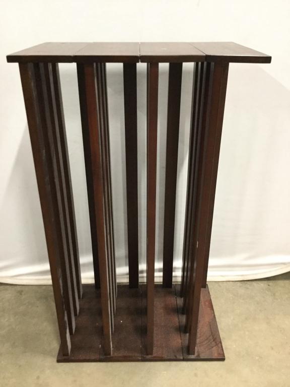 Chocolate Toned Wooden Table: Table is wooden and chocolate toned. Can also be repurposed as wine rack. Piece measures approx 37 inches tall 22 inches wide 14 inches deep. end table side table, unique slat style table, home accent