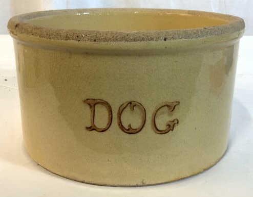Vintage Yellow Ware Pottery Roseville Dog Bowl: Marked underside for Roseville, heavy ceramic dish bowl vessel, yelloware art pottery Dogs Dish, vintage ceramics, measures ht 4.5 inches diameter app 8 inches, collectible ceramics, Roseville pottery