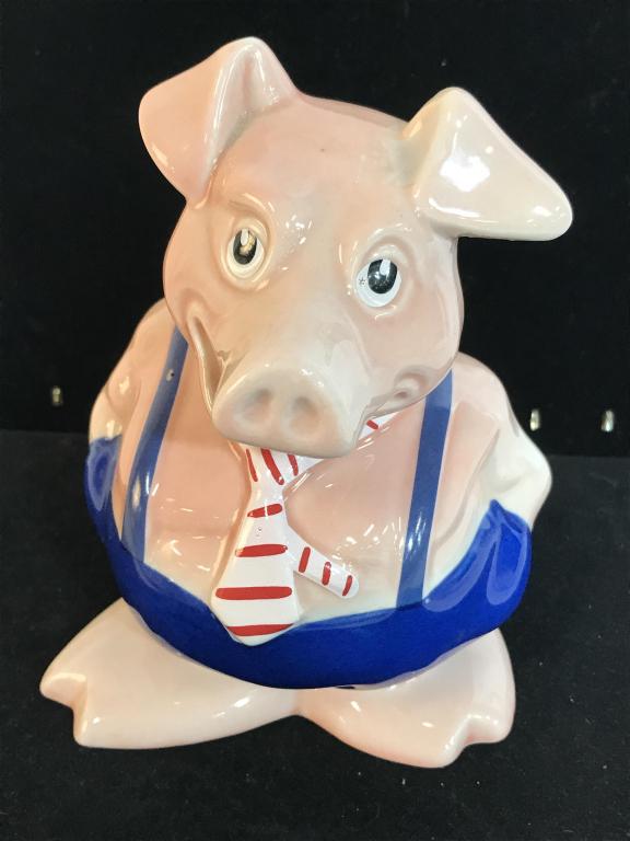 WADE Ceramic ‘Maxwell the Boy’ Piggy Bank, England: From the Wade Family of 5 Collection Characters of Pig Banks. Collector’s Item, property of New Canaan Estate. Pig Figural Bank Made In England. Measures 7 x 5.5 x 5 in. approx. Wade Ceramics, Potte