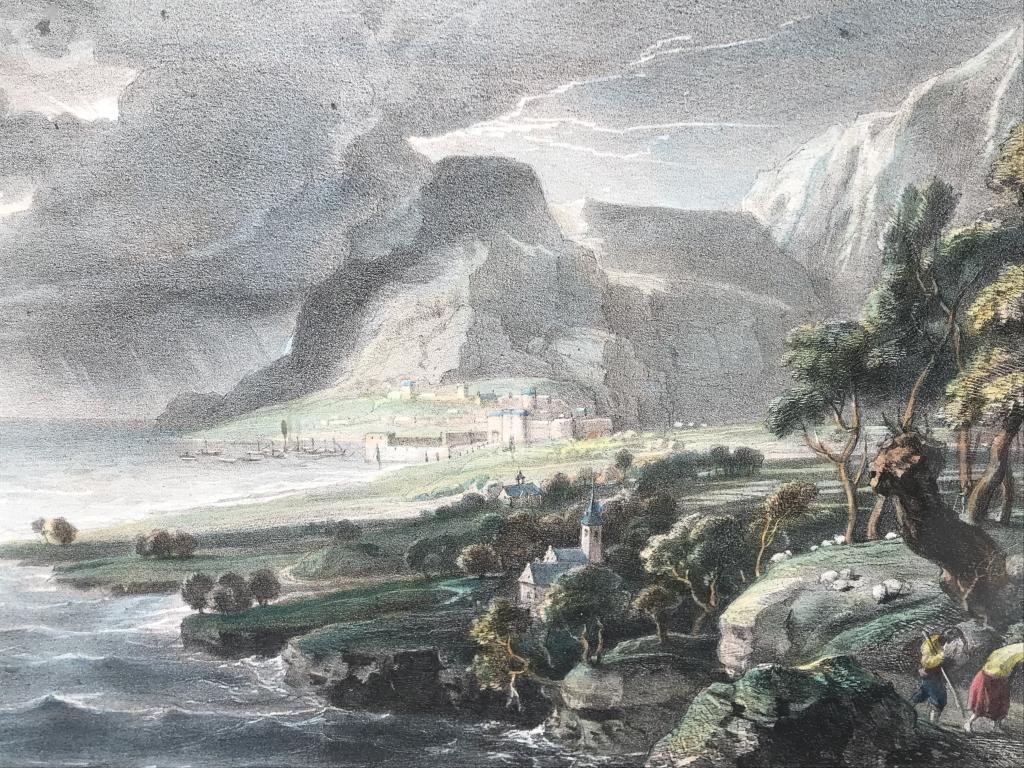 19th Century Chromolithograph after Rubens: Possibly antique 19th Century chromolithograph, possibly hand-colored, titled ‘L’Orage’, which depicts figures walking along cliffside as storm rages on in the distance. Original drawing possibl