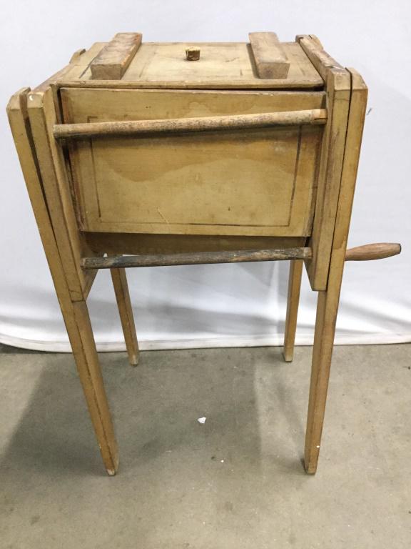 Antique Butter Churn BLANCHARD: Side of butter churn is marked THE BLANCHARD CHURN. Butter churn is Vintage Possibly antique . Piece has wooden crank on side and lid on top. Piece measures approx 31 inches inches tall 24 inches wide