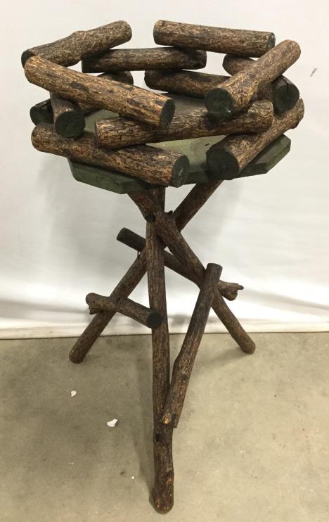 Vintage Wooden ADIRONDACK Planter Stand: Planter stand is vintage possibly antique. Piece has tripod like build. Top of piece has build resembling stacked tree branches. Piece measures approx 27 inches tall 16 inches wide. pedestal table, pl