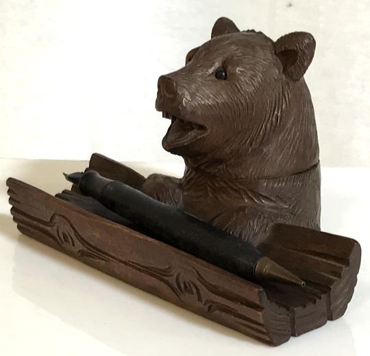 Antique Black Forest Carved Bear on Log Inkwell,: Antique inkwell, 19th c Black Forrest wood carving, Set includes Calligraphy Pen and Antique sculpted Black Forest walnut wood Ink well Intricate detail to sculpt bear hair feature, teeth, eyes and pa