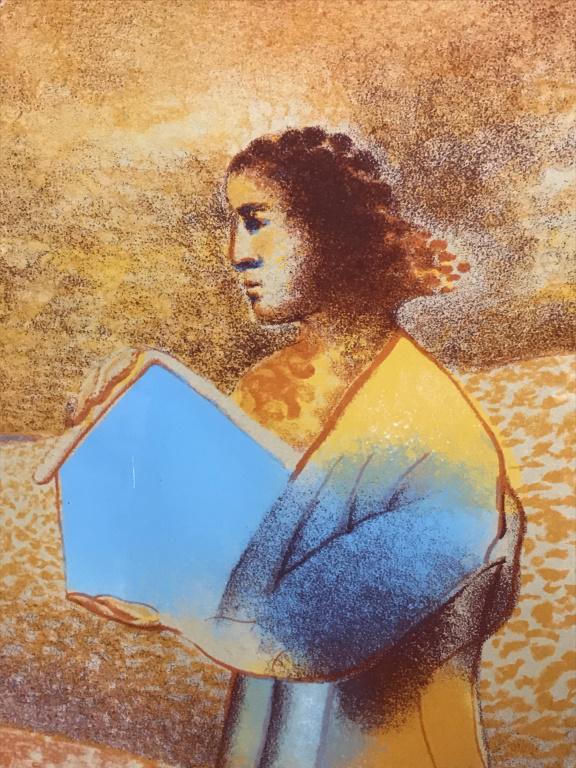 Signed & Numbered PETLIN Color Lithograph: Signed PETLIN in pencil in lower right corner, attributed to Irving PETLIN (American, 1934 - 2018). Lithograph depicts a figure carrying a house-shaped item in her arms in a vibrant orange and blue to