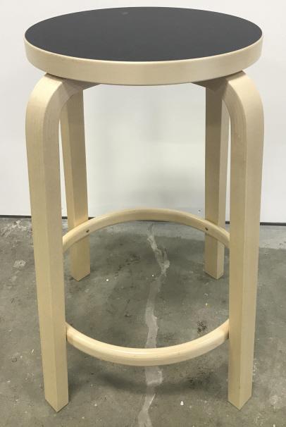 ARTEK Finnish Design Birch And Linoleum Stool: ARTEK Finnish Design Birch And Linoleum Aalto Counter Stool In light toned birch base and black linoleum topped seat, measures approximately 25.75 inches tall x 16 inches in diameter, no condition iss