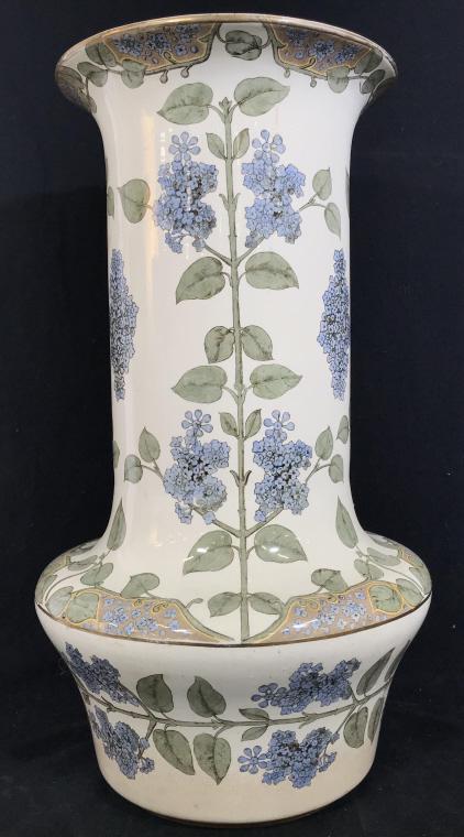 Antique RoyalDoulton Porcelain Vase Umbrella Stand: Antique Royal Doulton Porcelain umbrella stand with hydrangea floral pattern. Marked on underside for Doulton Burslem, England with coronet, suggesting stand was made between 1891 and 1902. Gold tone 