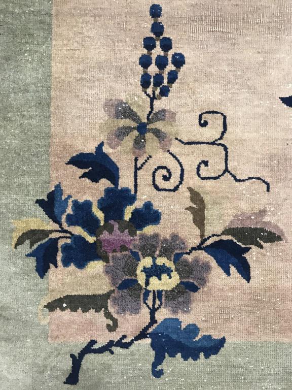 Vintage Chinese Art Deco Handmade Wool Rug: Rug is wool & handmade. Contains floral, leaf, butterfly & hut detail. Piece has fringes. Measures approx 73 inches long 34 inches wide. Piece has color fading & wear. home accent and decor, interior 