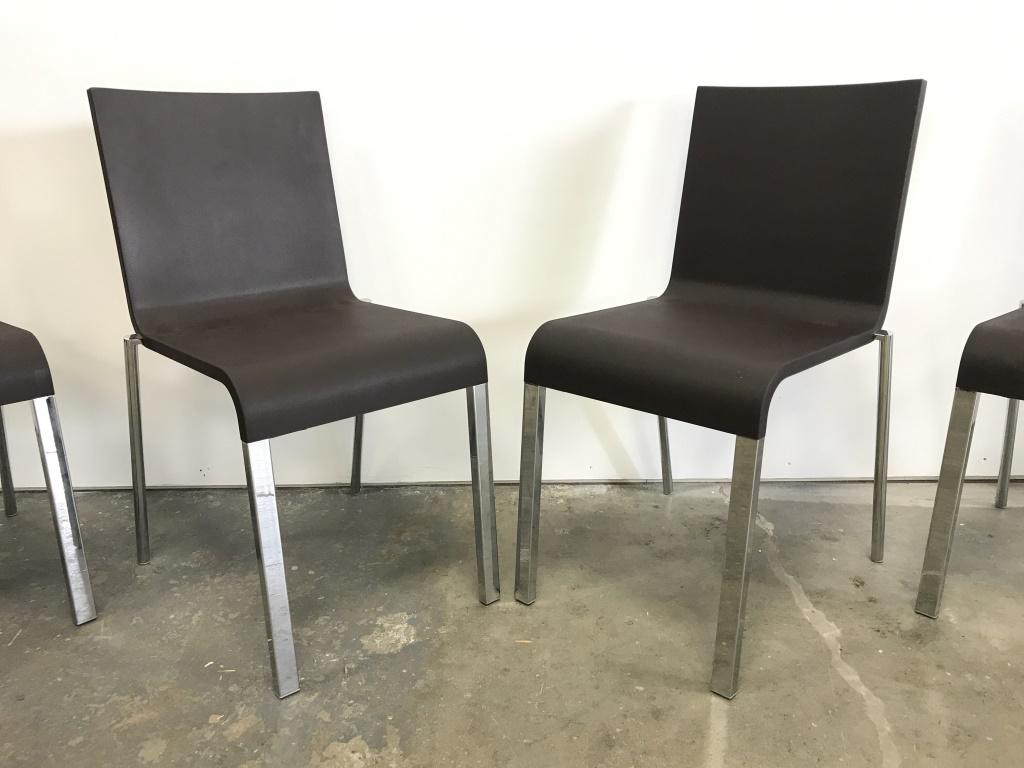 Set 4 VITRA Maarten Van Severen, 1998 .03 Chairs: Set 4 VITRA Maarten Van Severen, 1998 .03 Chairs With Dark Chocolate Toned seats and Chrome toned legs. The extraordinary comfort of the unobtrusive .03 chair is first revealed upon use: the seat shel