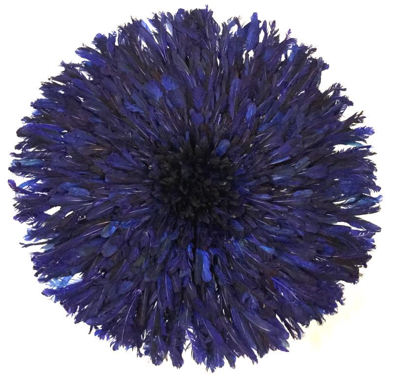 African Art Ceremonial Bamileke Feather Hat: Feathered Ceremonial Bamileke dancing hat from Cameroon, also used as a decorative wall hanging accessory. Feathers in rich shades of navy and peacock blue tones. Woven grass base for structure, hats