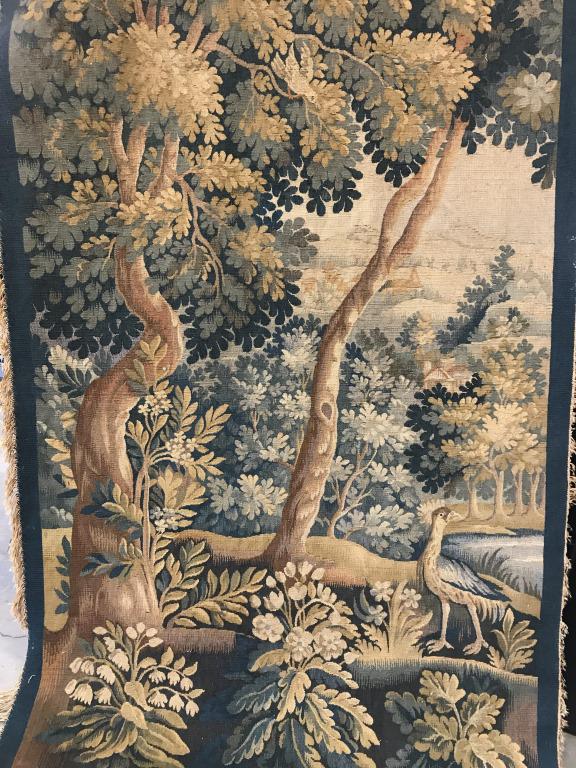 Antique Handmade French tapestry: Piece is antique and handmade. Piece contains wooded scenery with depictions of birds. Measures approx 64 inches tall 36 inches wide. Piece has some wear and tear. hanging tapestry, wall art, antique