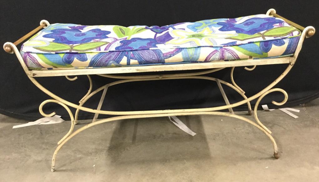 Vintage Outdoor Metal Bench W Cushion: Bench is metal. Piece is cream and gold toned. Cushion contain multi toned floral and leaf detail. Cushion is not attached to bench. Measures approx 42 inches long 22 inches tall 15 inches deep. bench