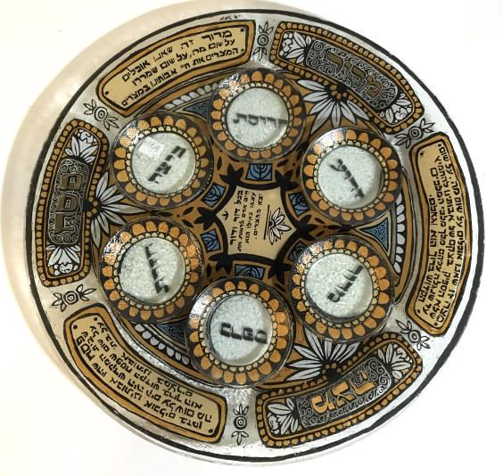 Artistic Glass Seder Passover Plate & Food Bowls: Large Ceremonial Seder Passover Plate with traditional Glass bowls for the six symbolic foods, all marked by outlined decor. Set 7, 6 food bowls 3.5 in. & main platter, 16 in. Smooth rim surface, hand