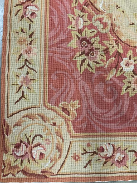 Hand Woven French Needlepoint Carpet: interior design, decrotive arts and accessories Carpet, area rug, French Aubusson Needlepoint, wool carpet, pinks, raspberry tones and wheat tones, measures app 71,5 by 47 inches, good condition