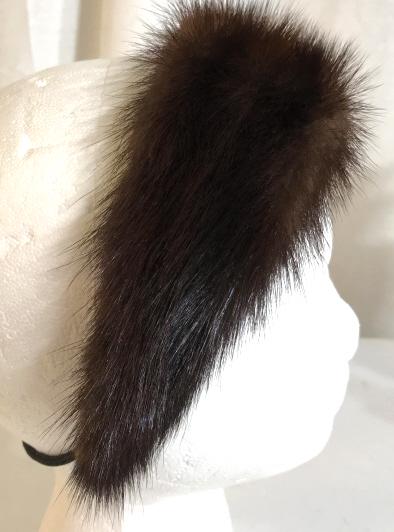 Authentic Elastic Mink Headband: Lined with purple velvet on underside, Stretch band attached to fur. Fur piece 15 in. long, 2.5 in. wide. Total headband has approx 6.5 in circumference. Elastic band stretches but is not tight. Mink