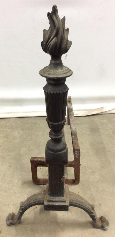 Antique Metal Andirons: Andirons appear to be antique. Each have Flame style structure at top. Andirons, Antique andirons, Vintage Andirons, Metal andirons. fireplace accessories Each piece measures approx 21 inches tall & l