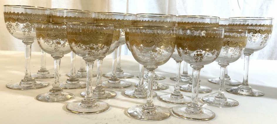 Vintage Set Gold Embossed Crystal Stemware, 20 pcs: Set includes 12 wine glasses ht app 5 inches, and 8 smaller wine or aperitifs, 20 pieces, decorative tableware, stemware, holiday table, bar ware