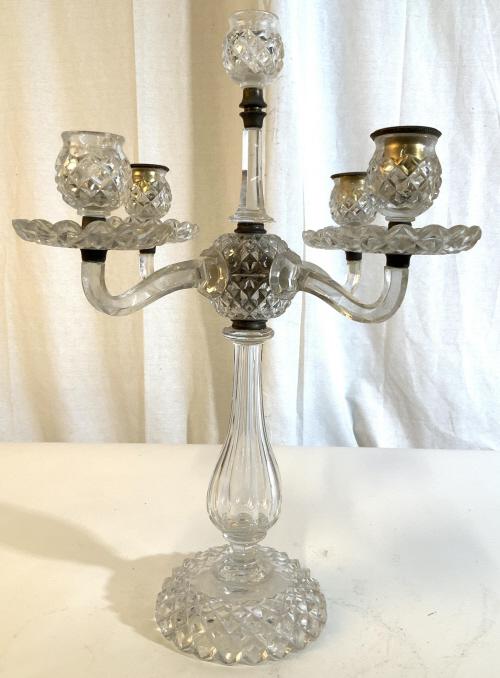 Vintage Cut Crystal 5 Arm Candelabra: With brass fittings, four arms diameter and center arm, cut crystal tableware, centerpiece, holiday table, cut crystal lighting, candelabra measures ht app 20 inches diameter app 16 inches