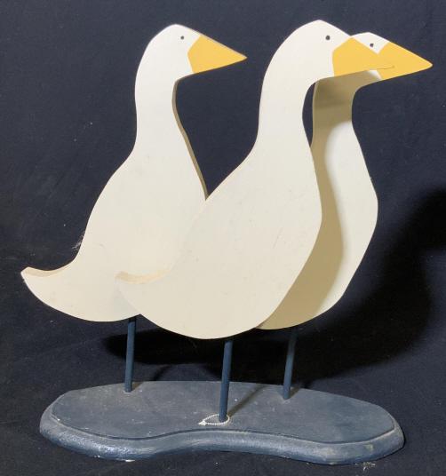 Folk Art Wood Duck Sculpture: Three carved wood hand painted ducks on base, whimsical folk art, arts and crafts, decorative accessory, vintage carved wood duck folk art, measures ht 17 inches width app 16 inches