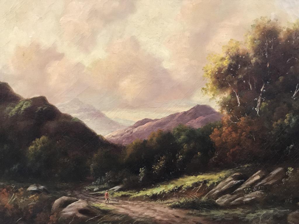 Signed Paul WESLEY Hudson River School Painting: Signed Paul WESLEY in lower right corner. Hudson River School Oil Painting On Canvas depicting Figure in mountainous landscape. Canvas is set in two tone wood frame. Measures approx 29.75 inches in he