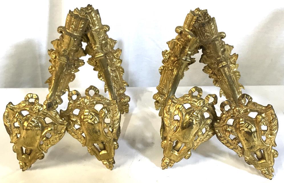 French Gilt Bronze Curtains Tie Backs, Set 4: Vintage Drapery Hardware, Set 4, hook style, with intricate design and bright gold bronze hue. Approx dates from 60-70 years. Light oxidation. High-quality work you can see by the finest details; scro
