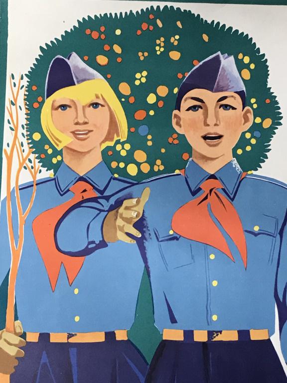 Vintage Soviet Russian Youth Propaganda Poster: Vintage Russian propaganda poster, c. 1971, depciting youth scouts engaging in various activities like farming and transportation, with an image of Lenin in upper right corner with dates 1922-1972, ma