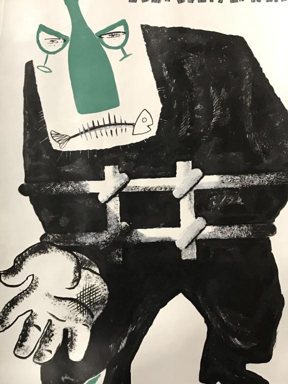 Vintage Soviet Russian Anti-Alcohol Poster, 1966: Vintage Soviet Russian anti-alcohol campaign poster, with date 1966 and Cyrillic type along bottom. Poster depicts illustration of figure bound by metal, with the face of clinking glasses against bott