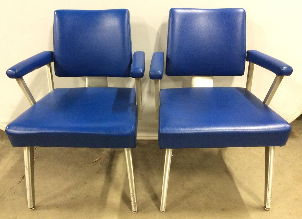 Pair Mid Century Modern GOODFORM Armchairs: Underside of chair has tag which reads GOODFORM. Pieces appears to Possibly be genuine leather. Chairs are blue toned with metal frame. Chairs have armrests. Mid Century Modern Chairs, Blue Chairs, En
