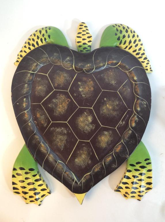 Painted Turtle Arts and Crafts Platter Tableware: Hand painted wood turtle Figural, measures approx 17 in by 14 in, some minor chips and surface wear, Sculptural folk art tray, tableware, colorful home decor shelf piece. 4