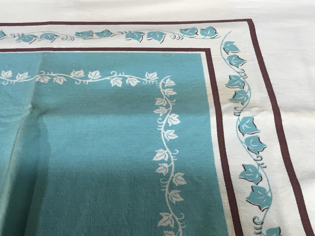 Vintage Turquoise & Brown Linen Tablecloth Lot 7: Cotton Linen Vintage Tablecloth, 58 x 74 in. Large rectangular center is turquoise with maple leaf vine design, brown stripe pattern with same leaf vine design in turquoise between lines. Border is wh
