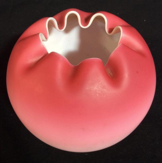 Antique Satin Glass Bowl c 1880: Pink ombré design, crimped Edge, rose bowl, tableware, Art Glass Satin Glass, White Toned interiors, appears handmade, some scuffs to exterior. Measures approx 6 in tall by 7 in in diameter. Art glas