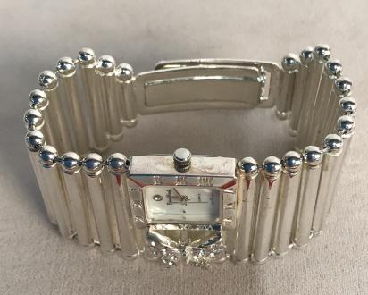 Pierre Nicol Silver Toned Wide Bracelet Watch: Pierre Nicol Silver Toned Flexible Wide Bracelet Watch, 8 in length x 1 3/8 in width, good condition, not tested, width Rhinestone Butterfly, square face with Roman numerals, Jewelry, Costume, Estate,