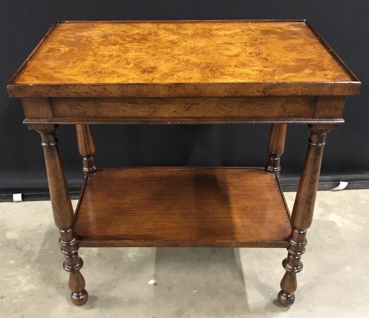 Vintage Side Table With Turned Legs: Vintage Side Table With Turned Legs And burled wood top, possibly veneer, measures approx 23 inches long x 14 inches wide x 24 inches tall. Vintage Table, End Table, Side Table, Small Table. lamp tabl