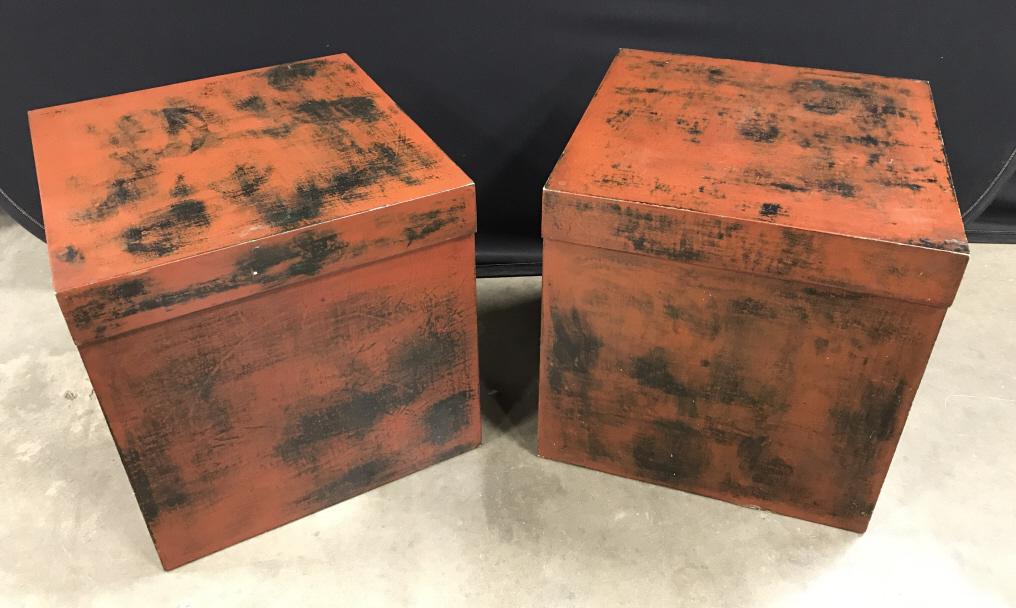 Pair Of Contemporary End Table Storage Boxes: Pair Of Contemporary End Table Storage Boxes In black and paprika toned painted finish, measures approximately 20.25 inches square, some nicks and surface scratches to boxes. Storage Boxes, End Tables