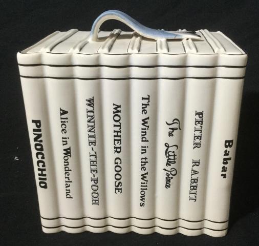 Vintage Mottahedeh Porcelain Vessel, Mexico: underside reads Mottahedeh Porcelana de cuernavaca Made in Mexico Vintage porcelain storage vessel. Vessel made to look like books on a shelf. Made in Mexico. Measures approx 8 inches tall and 7 inche