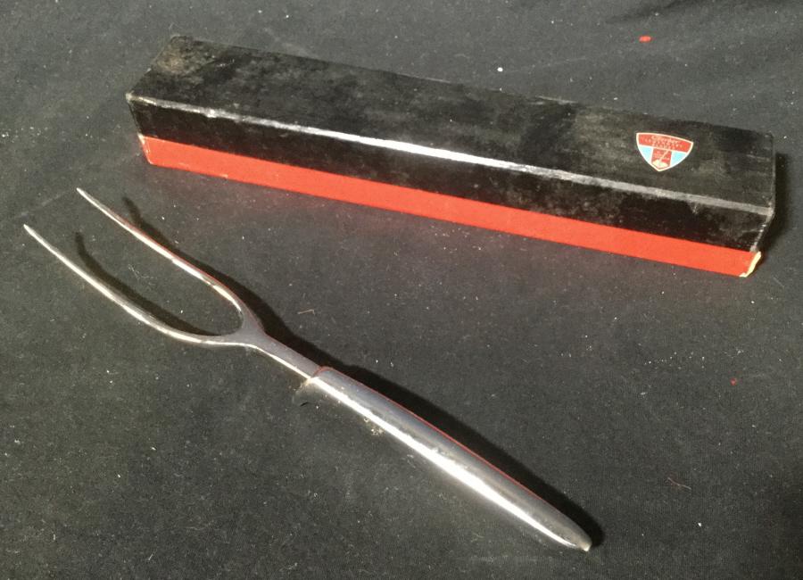Vintage GERBER LEGENDARY BLADES CARVING FORK: Carving fork titled Ron. Silver tone. Comes in original box. Measures approx 11.5 inches long. Gerber, carving fork, vintage, vintage carving fork, kitchen, kitchen tools, vintage collectible, collect