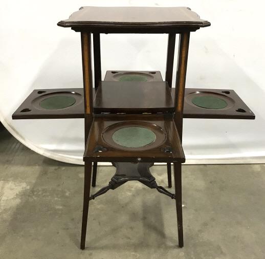 Vintage Serving Table With Inlaid Design: Vintage Serving Table With inlaid Design, four drop down trays, heart shaped carved openwork, and green toned felted coasters on interior of trays, some surface wear due to age and use, measures appro