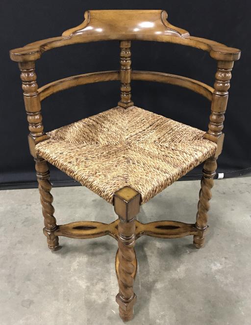 Vintage Corner Chair With Rushed Seat: Vintage Roundabout Chair With Rushed Seat, barley twist Legs, and carved stretcher, measures approximately 32 inches tall x 24.5 inches wide x 24 inches deep, some nicks to wood. Roundabout Chair, Cor