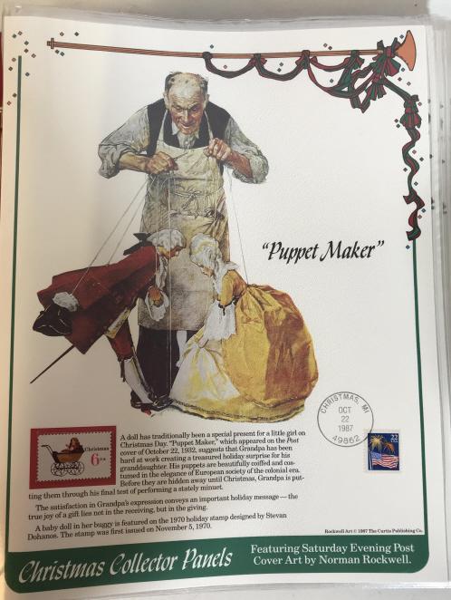 Vintage Xmas Collector Panels - Norman Rockwell: Vintage Christmas collector panels featuring Saturday evening post cover art by Normal Rockwell. By the Postal Commemorative Society. Measures approximately 14 inches tall and 12 inches wide. Each pag