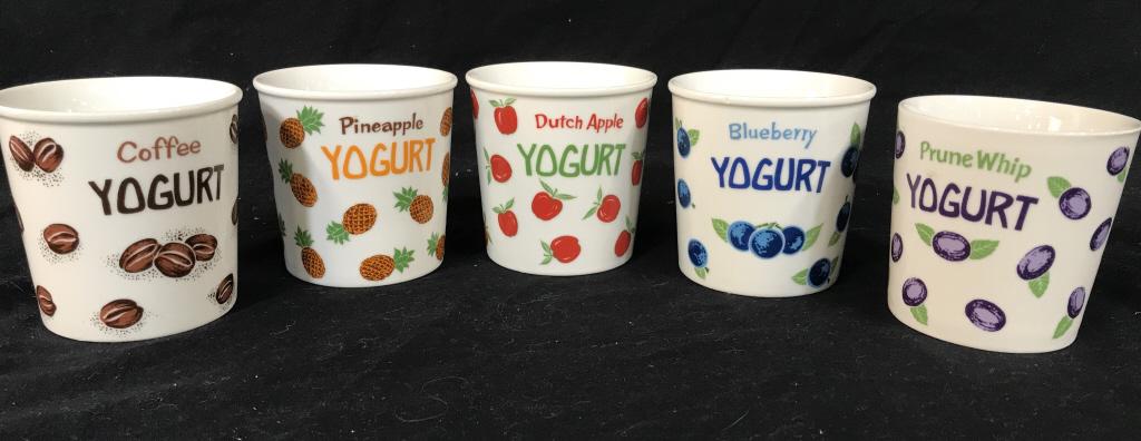 Set 5 SEYMOUR MANN Porcelain Multi Purpose Cups: Variety of Fruit Motif ‘ Yogurt’ Cups, Mugs, Bowls With sticker that reads ‘ Mann 1976 Japan’ Coffee Yogurt With coffee bean decor, Pineapple Yogurt w Pineapple decor, Dutch Apple Yogurt, Blue