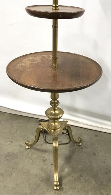 Vintage Floor Lamp Table: Vintage Floor Lamp Table with two tiers, three bulbs, brass toned metal tripod base, center column and finial. Lamp not tested, some water marks to wooden table tops, measures approximately 61 inches