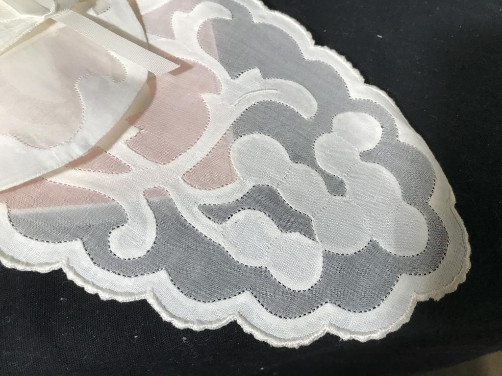 Vntg. White Cotton Linen Doilies in original B: Box,7 Lot 7 - 5 doilies in original box, originally given as a wedding gift, as was customary. Oval in shape, various designs. 5.5 x 11 approx. Additional 2 Cotton linen/ crochet edge doilies , label 
