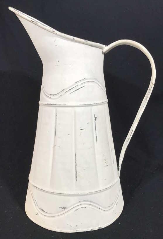 Vintage Painted Metal Milk Jug: Possibly antique, Country decorative arts, milk Jug, vase, vessel, Country accessory, tableware, measures app ht 17 inches width to handle app 13 inches